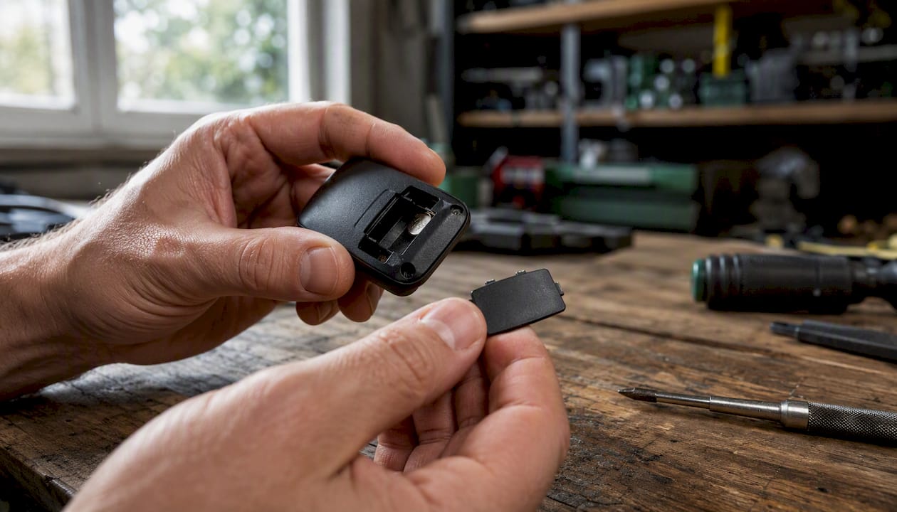 Eine Hand entnimmt das Batteriefach der Park Lite.