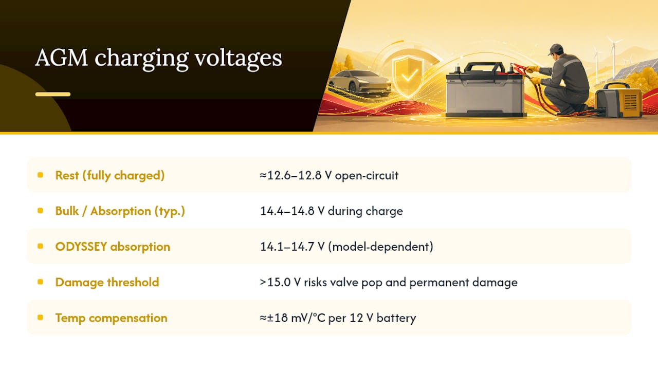 Diagram of AGM battery charging voltages and temperature compensation