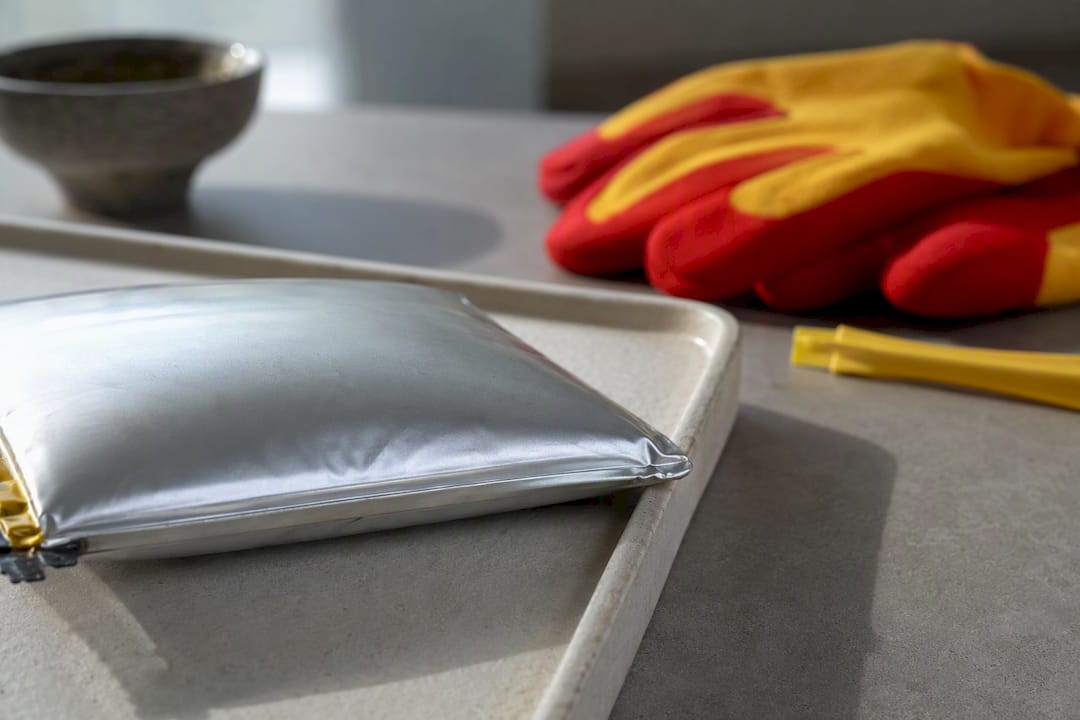 Swollen battery pouch on fire-resistant tray