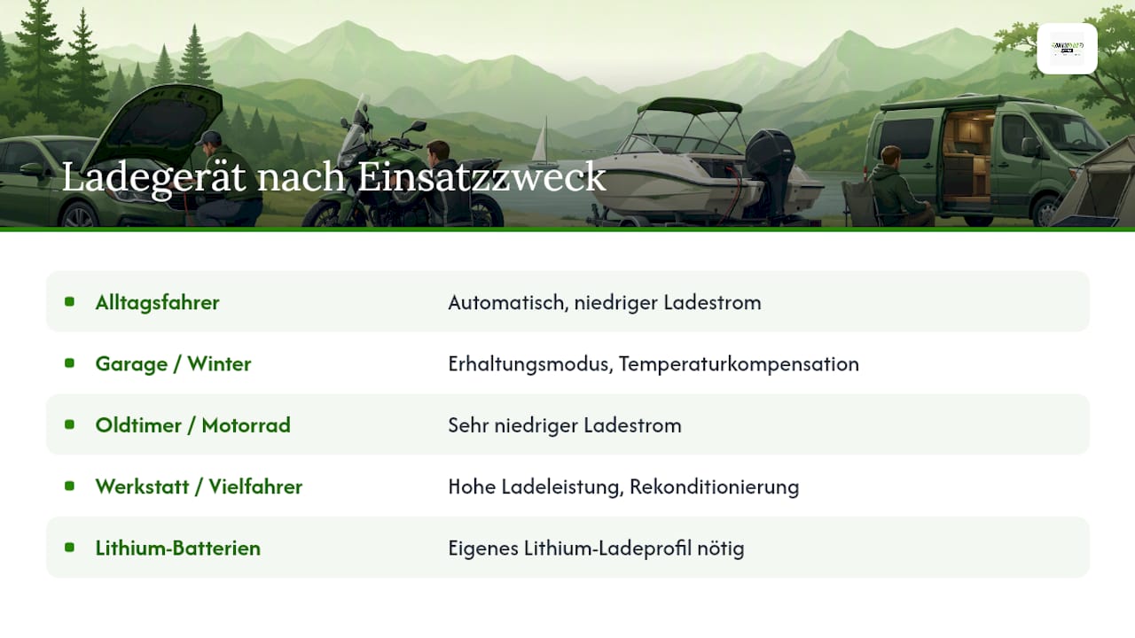 Welches Ladegerät passt zu welchem Einsatzzweck? — overview diagram