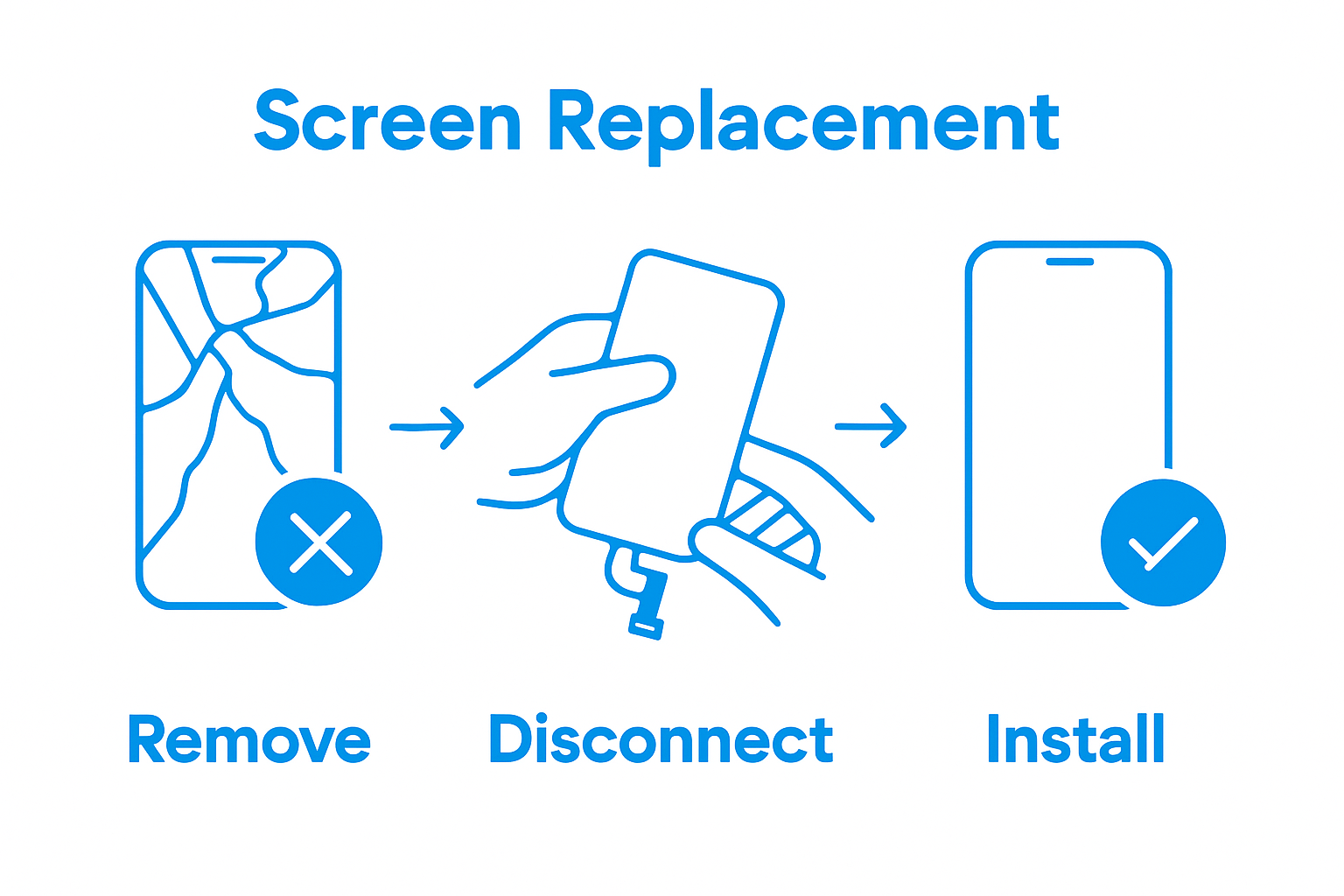 Three icons showing cracked phone removal, cable disconnect, and new screen installation.