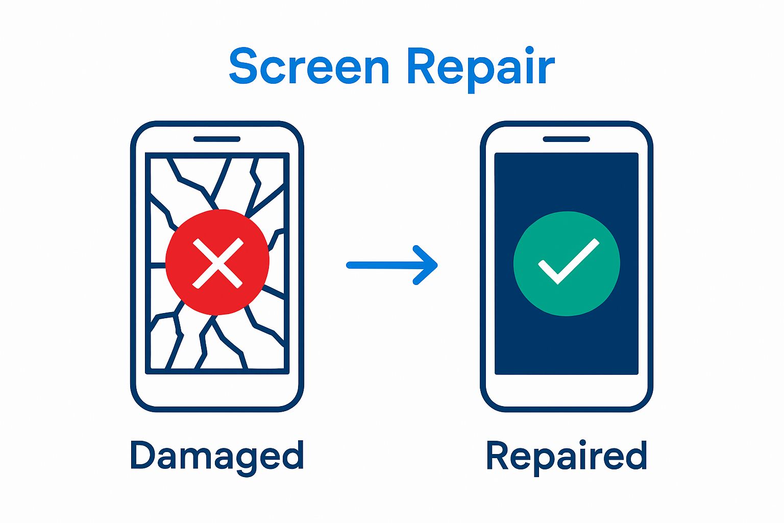 Simple before and after phone screen repair comparison illustration