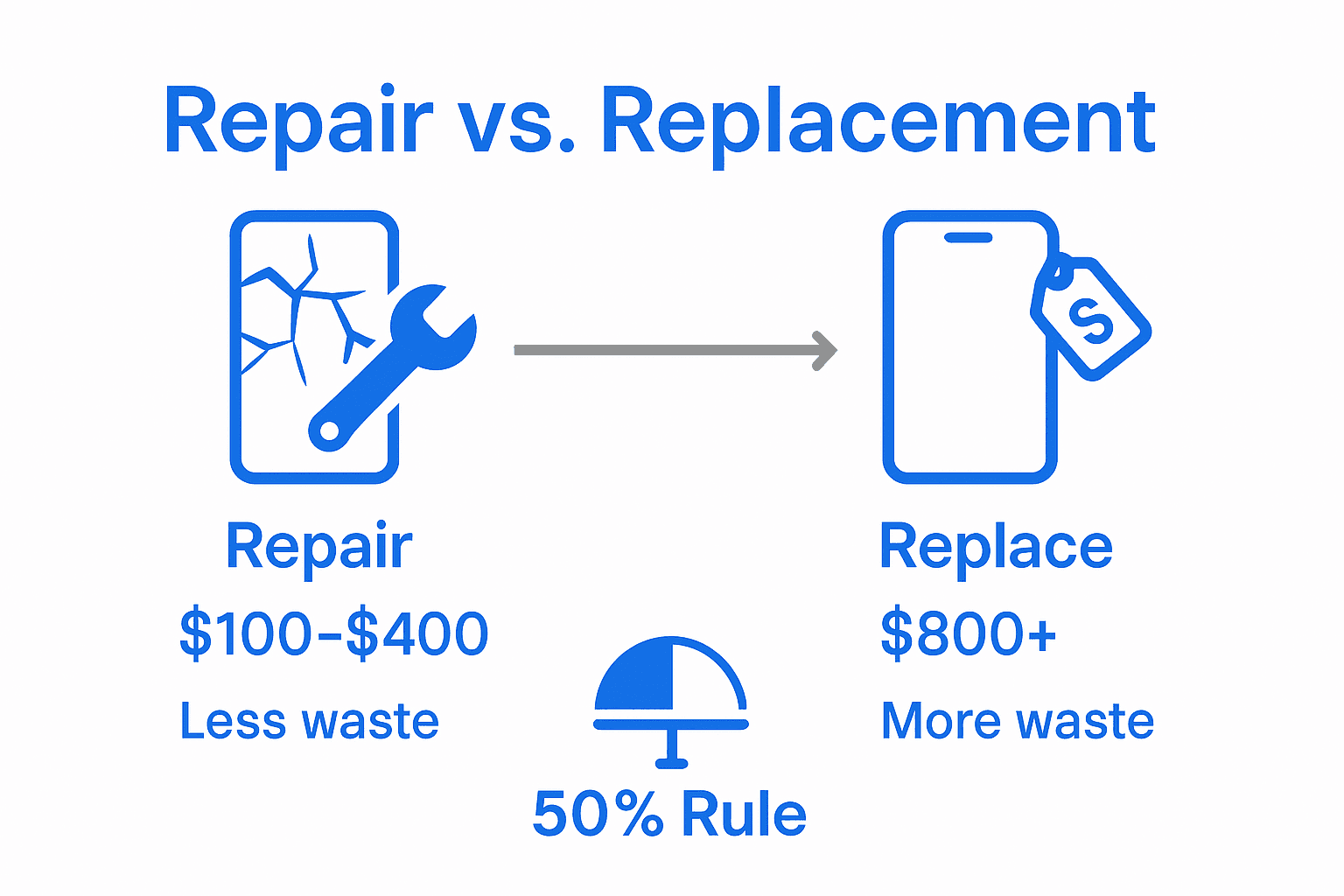 Infographic comparing phone screen repair and replacement with costs and decision rule.