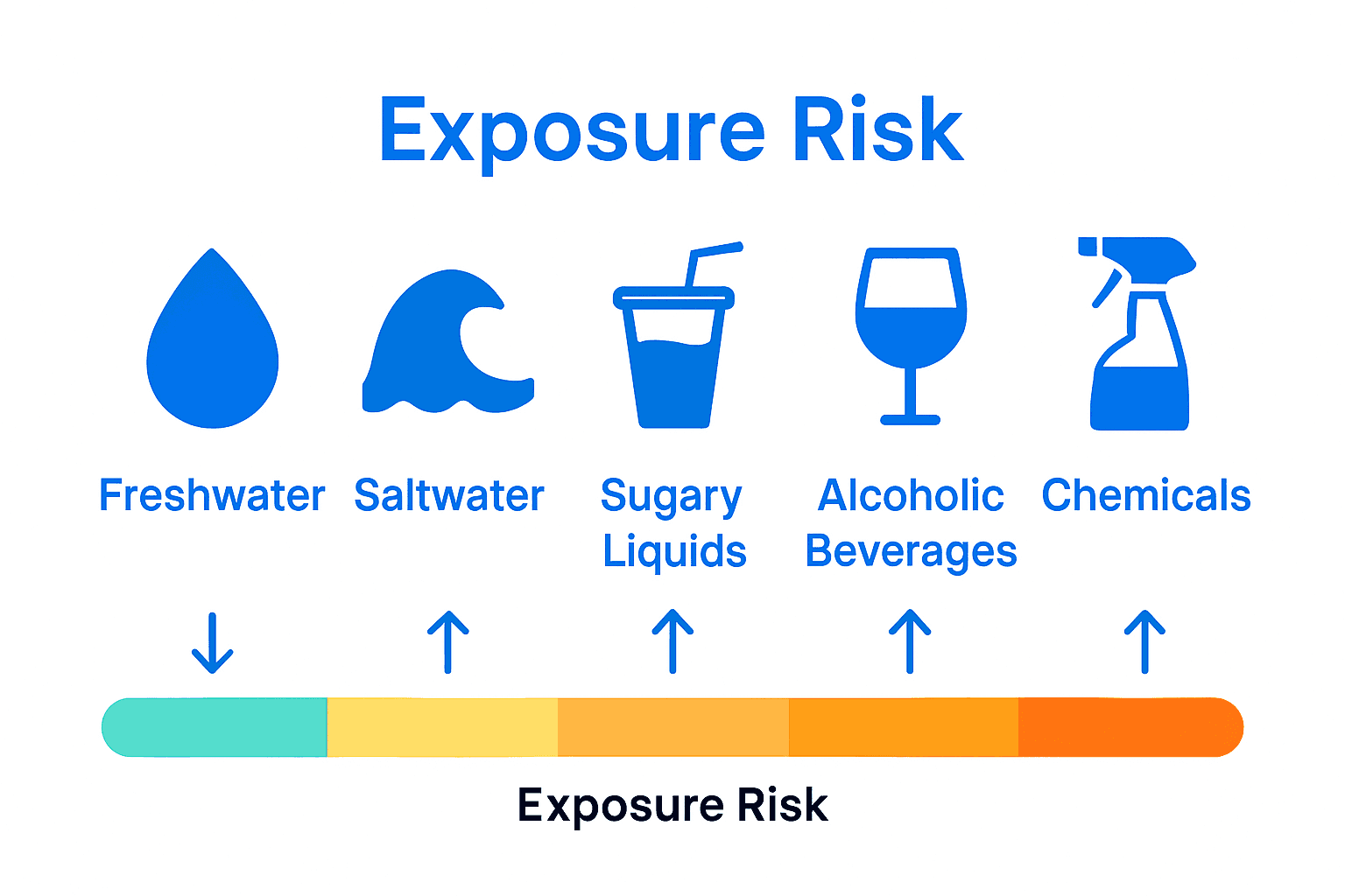 Infographic visually compares different water exposure types and their associated risks to smartphones.