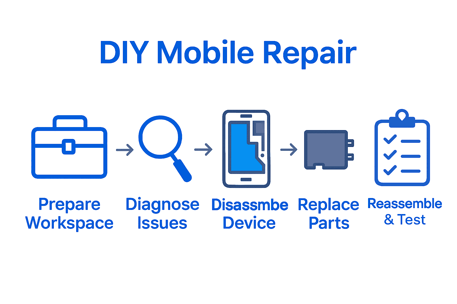 Infographic showing five steps for DIY mobile phone repair process.