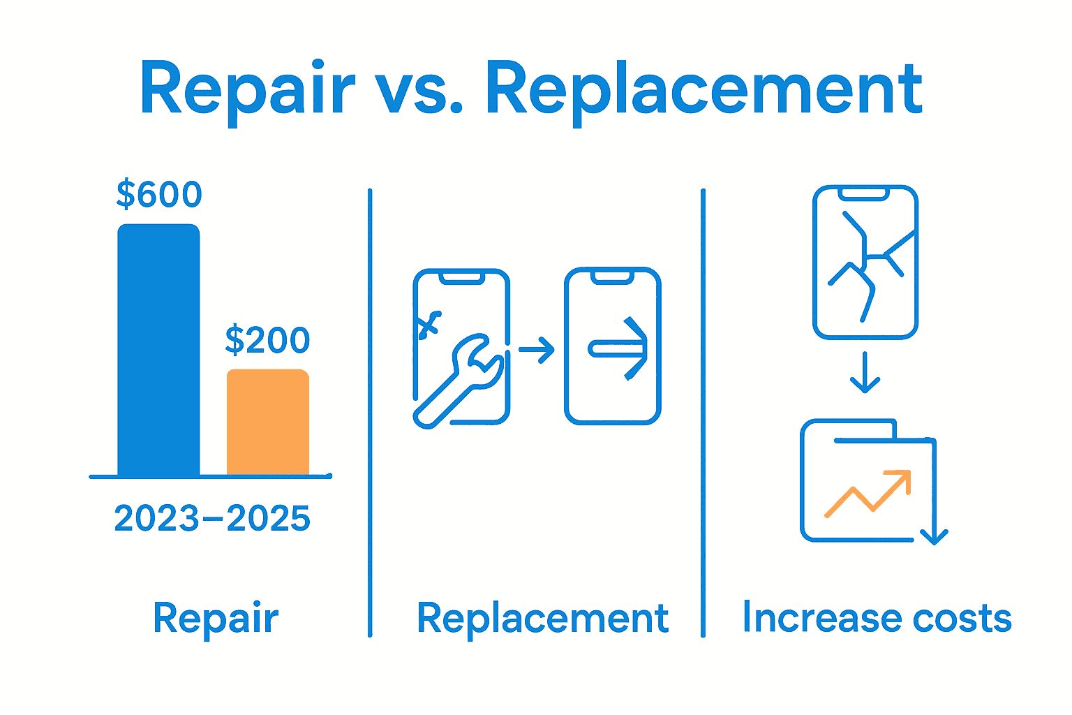 Infographic comparing cost, process, and risks of cracked screen repair versus replacement.