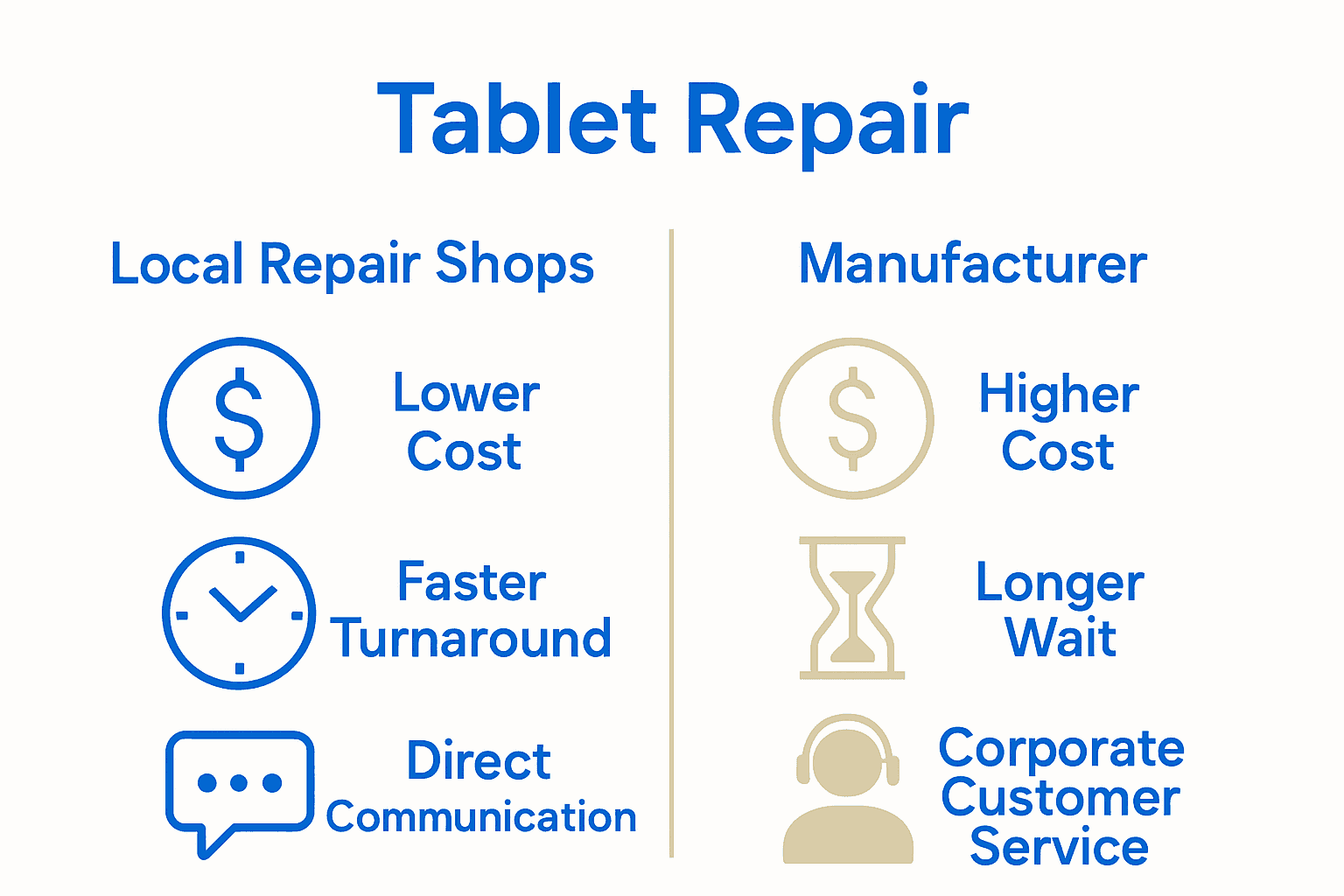 Infographic comparing repair shop and manufacturer tablet service costs and times