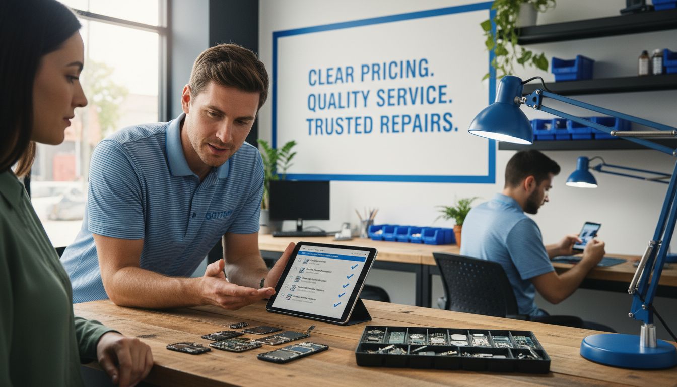 Technician consulting with customer in repair shop