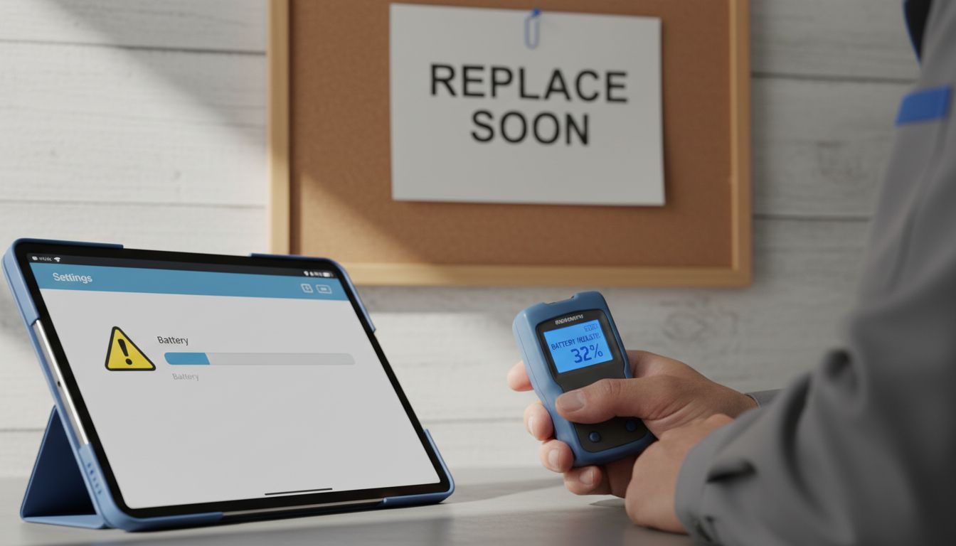 Tablet showing battery warning and diagnostics