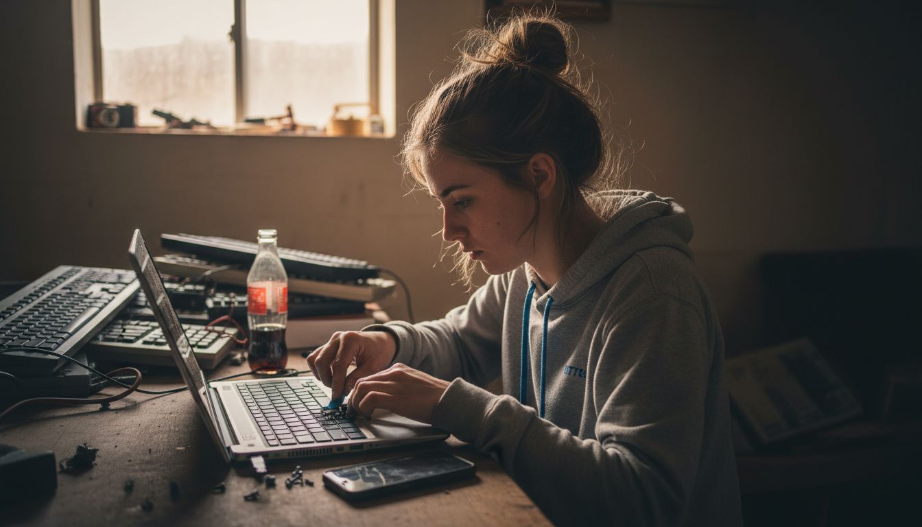 Woman replacing keys on broken laptop