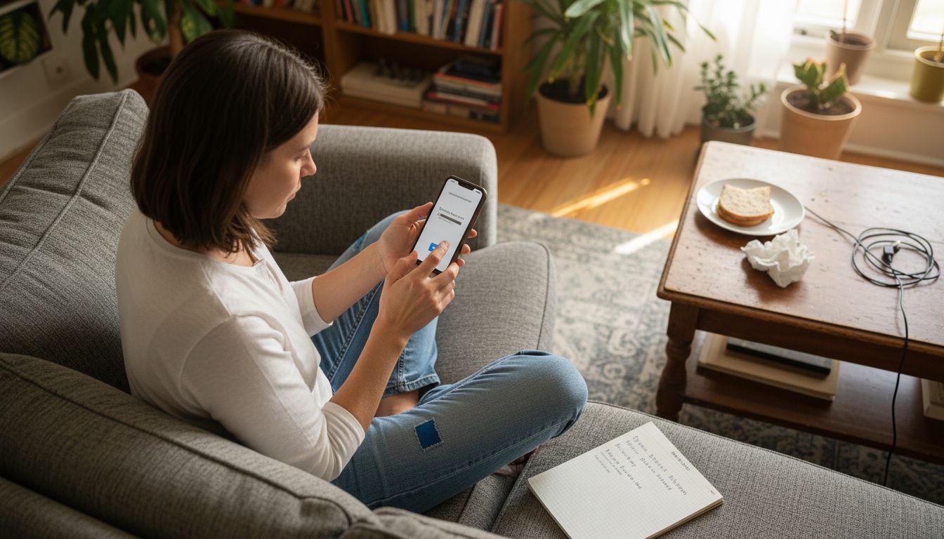 Woman resetting phone after repair on couch
