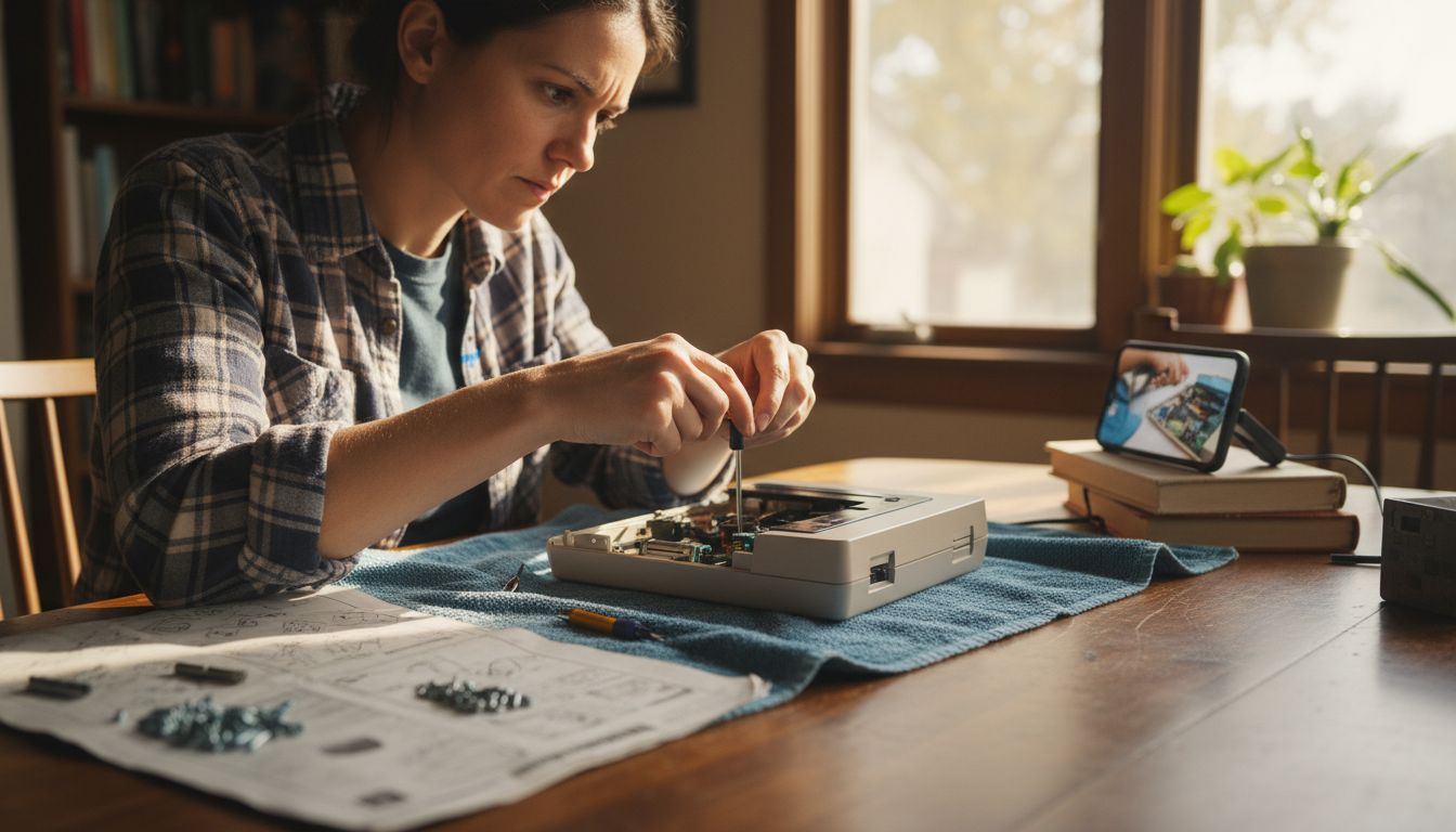 Woman carefully taking apart game console