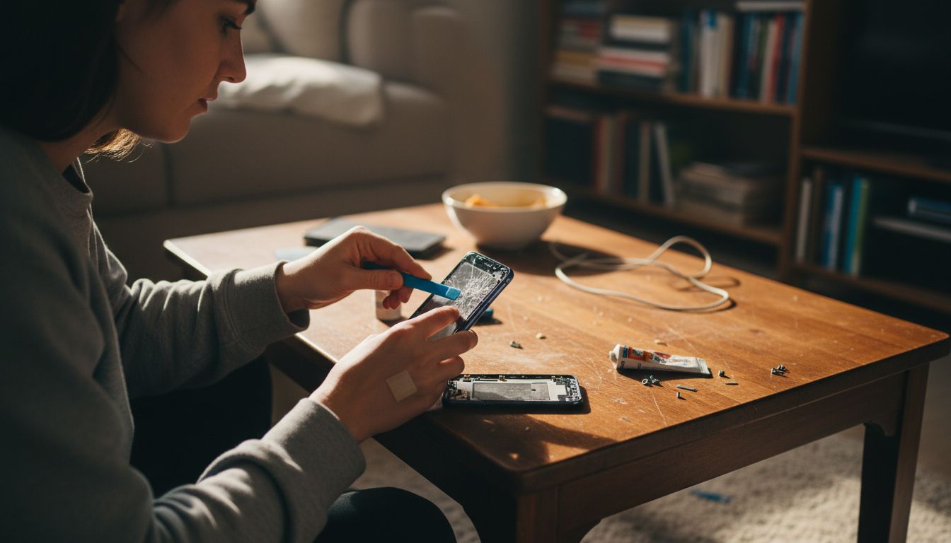 Woman removing cracked phone screen at table