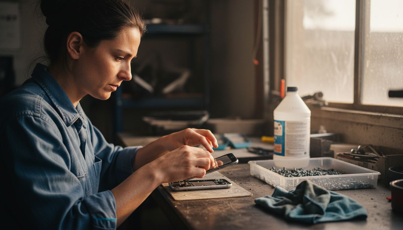 Woman installing new phone screen at workbench