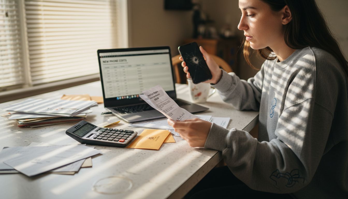 Woman comparing phone repair and replacement costs