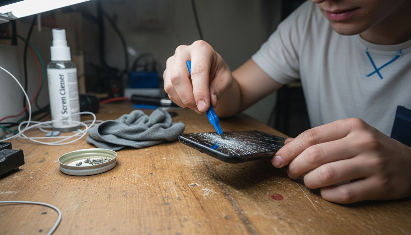 Hands remove cracked phone screen with tools