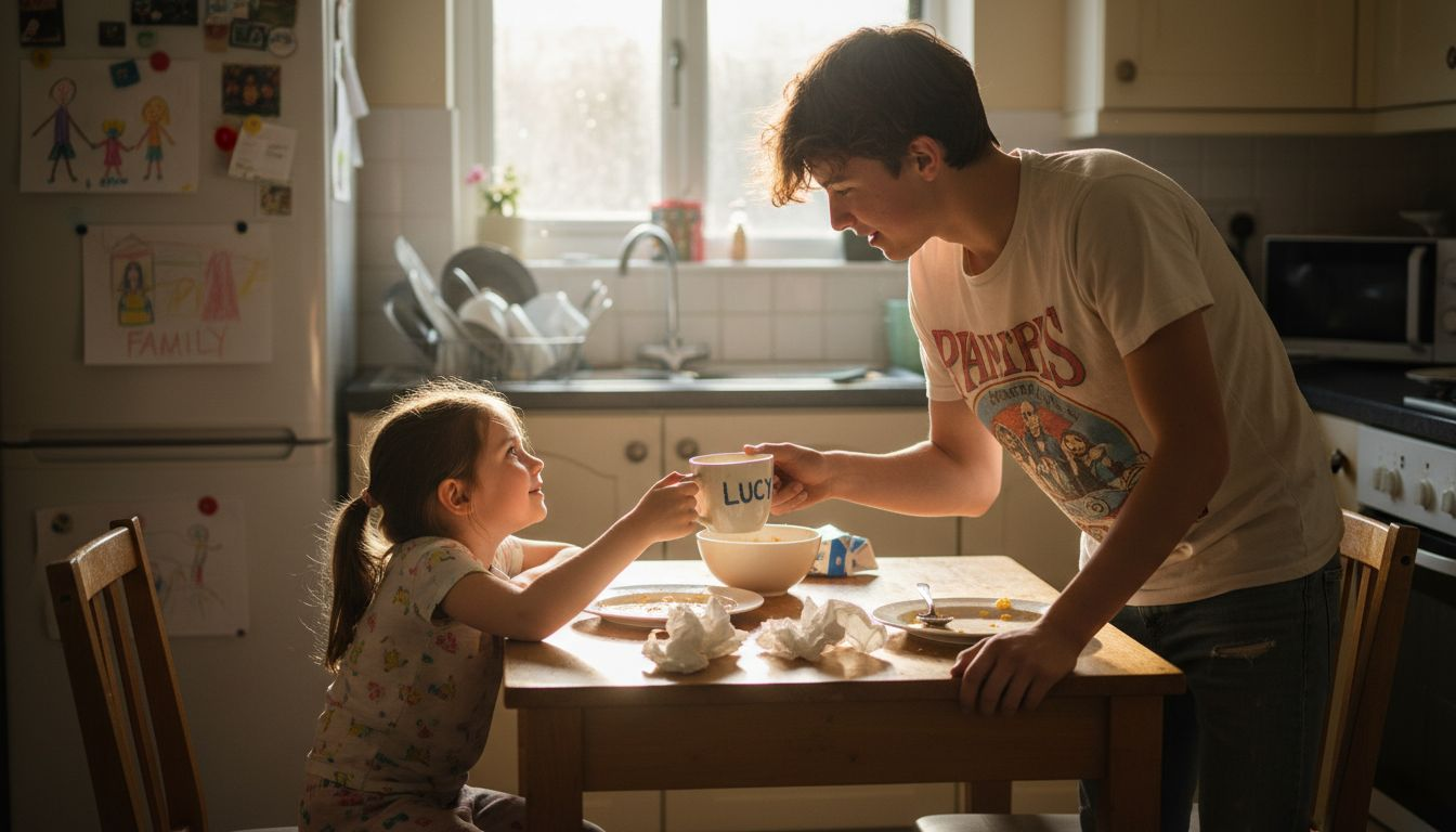 Teen boy gives sister custom mug at kitchen table