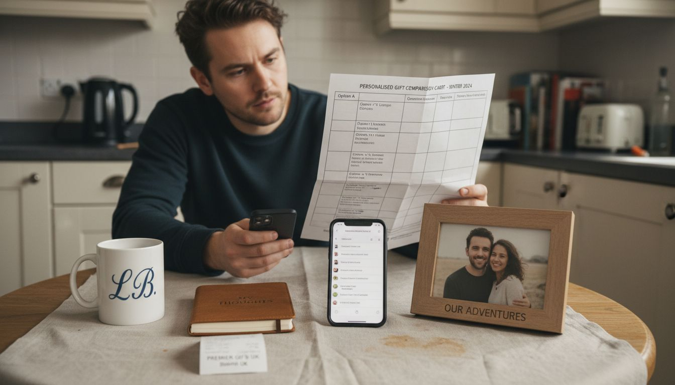 Man comparing personalized gift choices