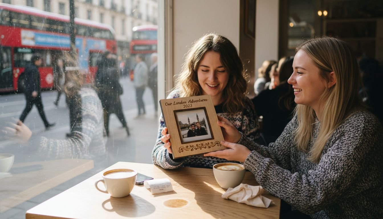 Friends sharing personalised gift in coffee shop