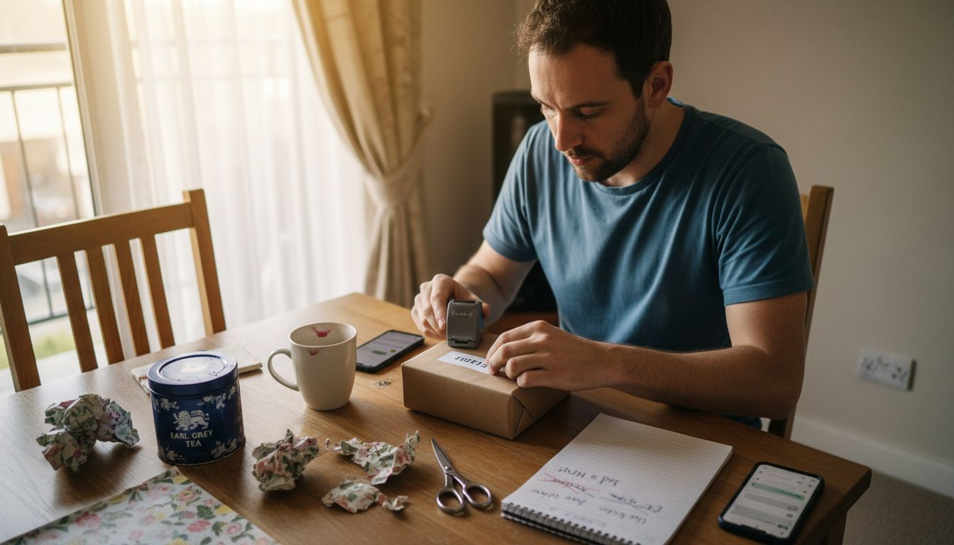 Man labelling gift box at home table