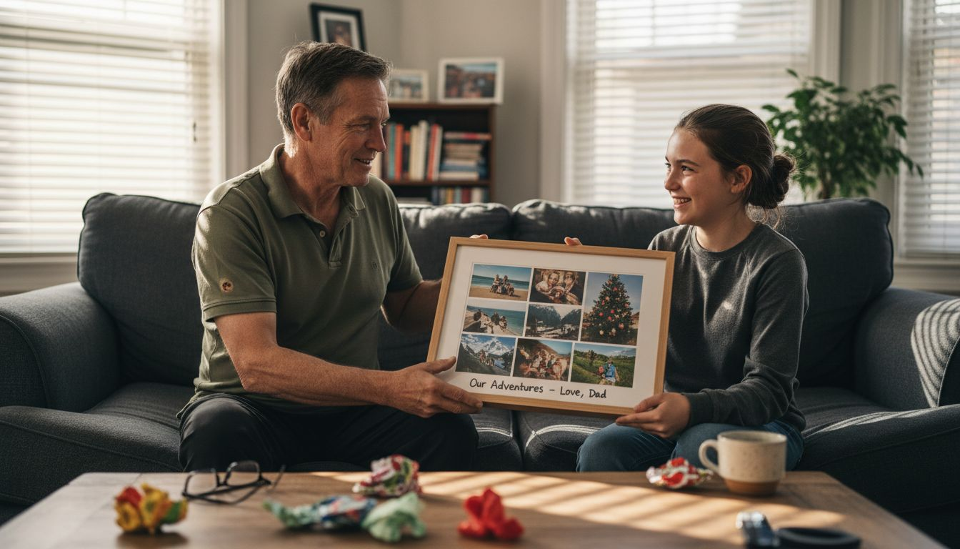 Man giving custom photo collage to teen
