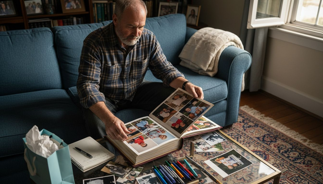 Man opening custom photo album on couch