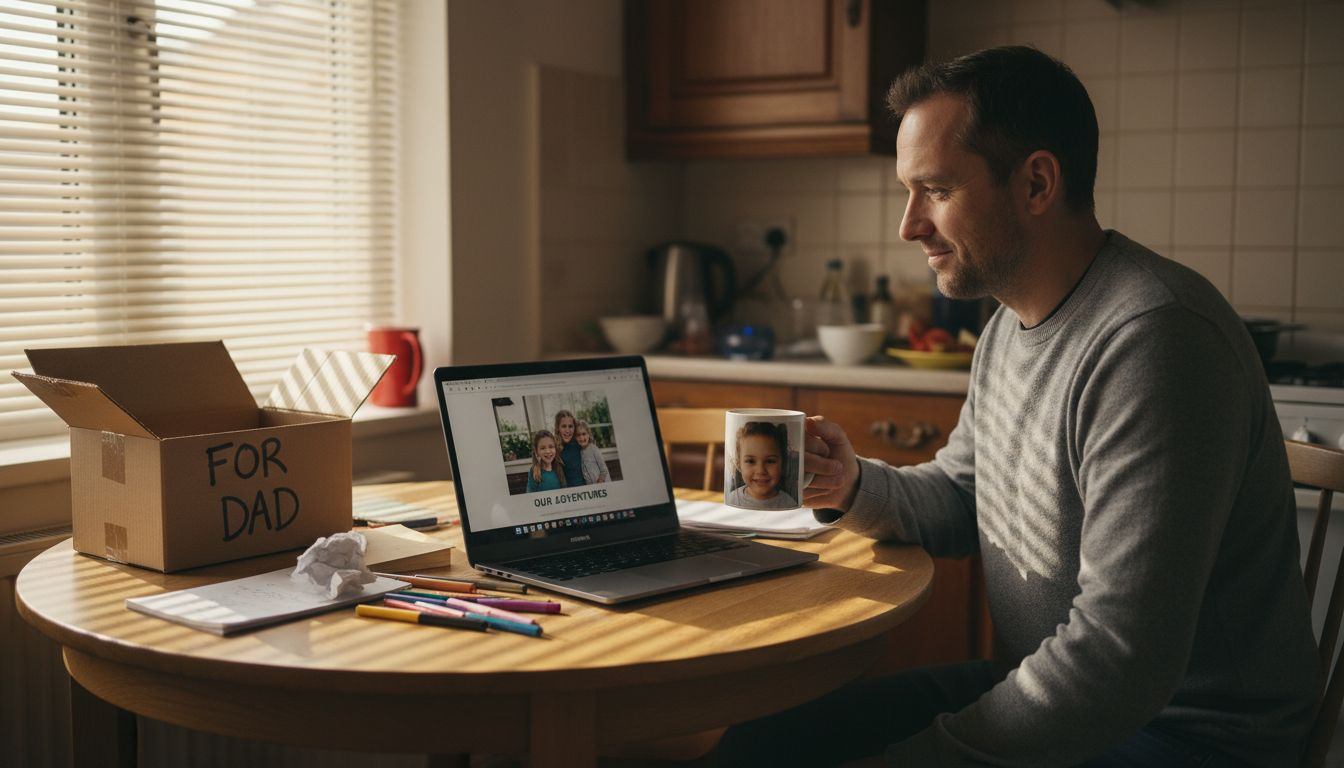 Man designing custom photo gifts at kitchen table