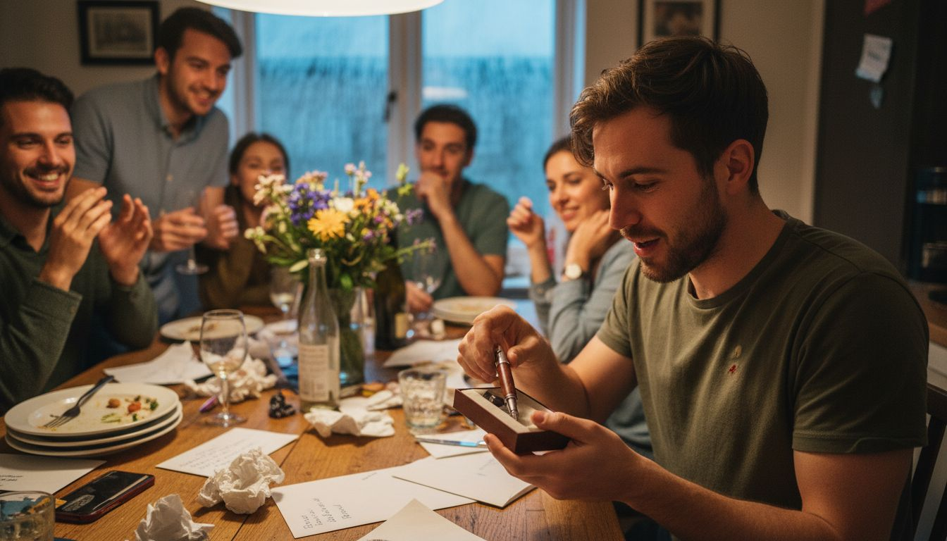 Man receiving engraved fountain pen at kitchen table