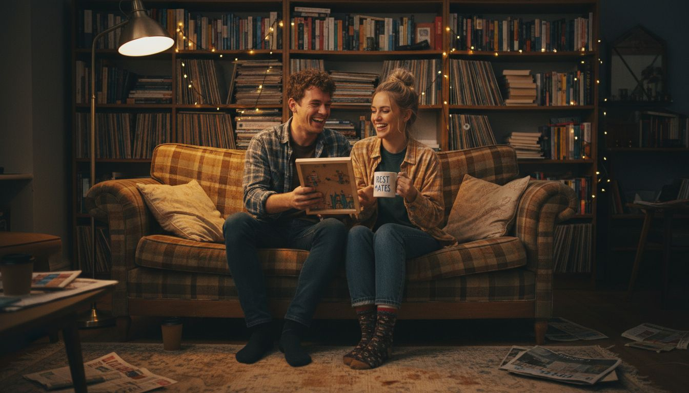 Two friends sharing personalised gifts together