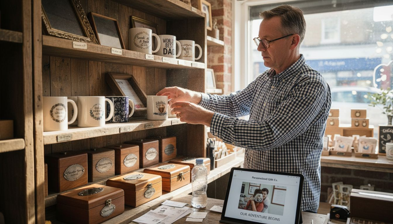Shopkeeper arranging personalised gifts on display