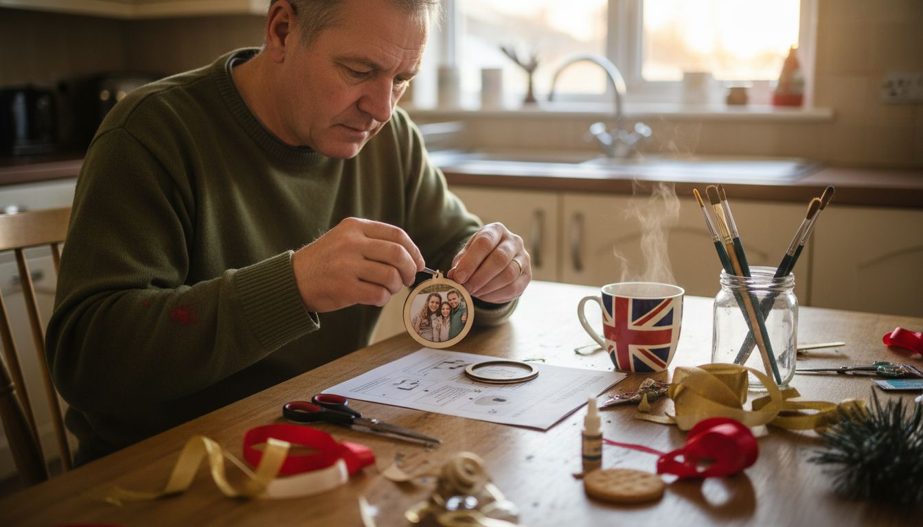 Man making personalised Christmas ornament at home