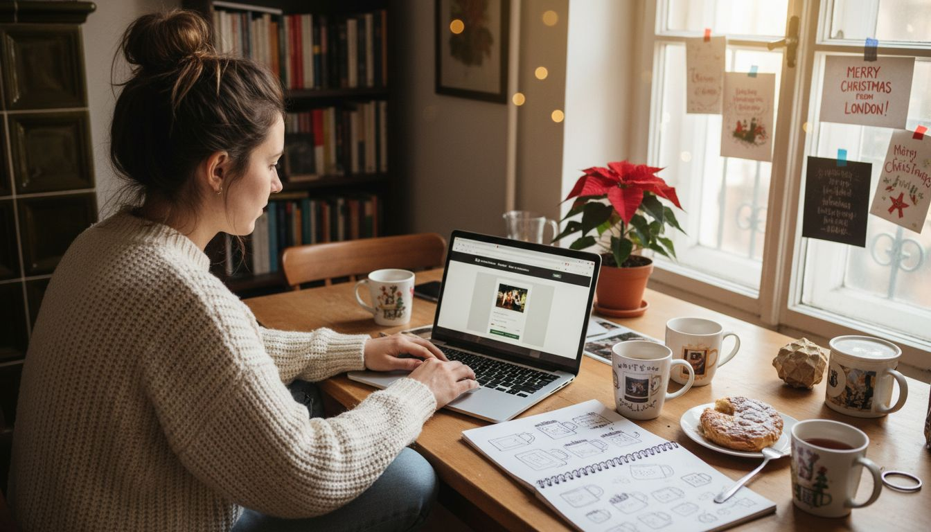 Woman personalizing Christmas gift on kitchen laptop