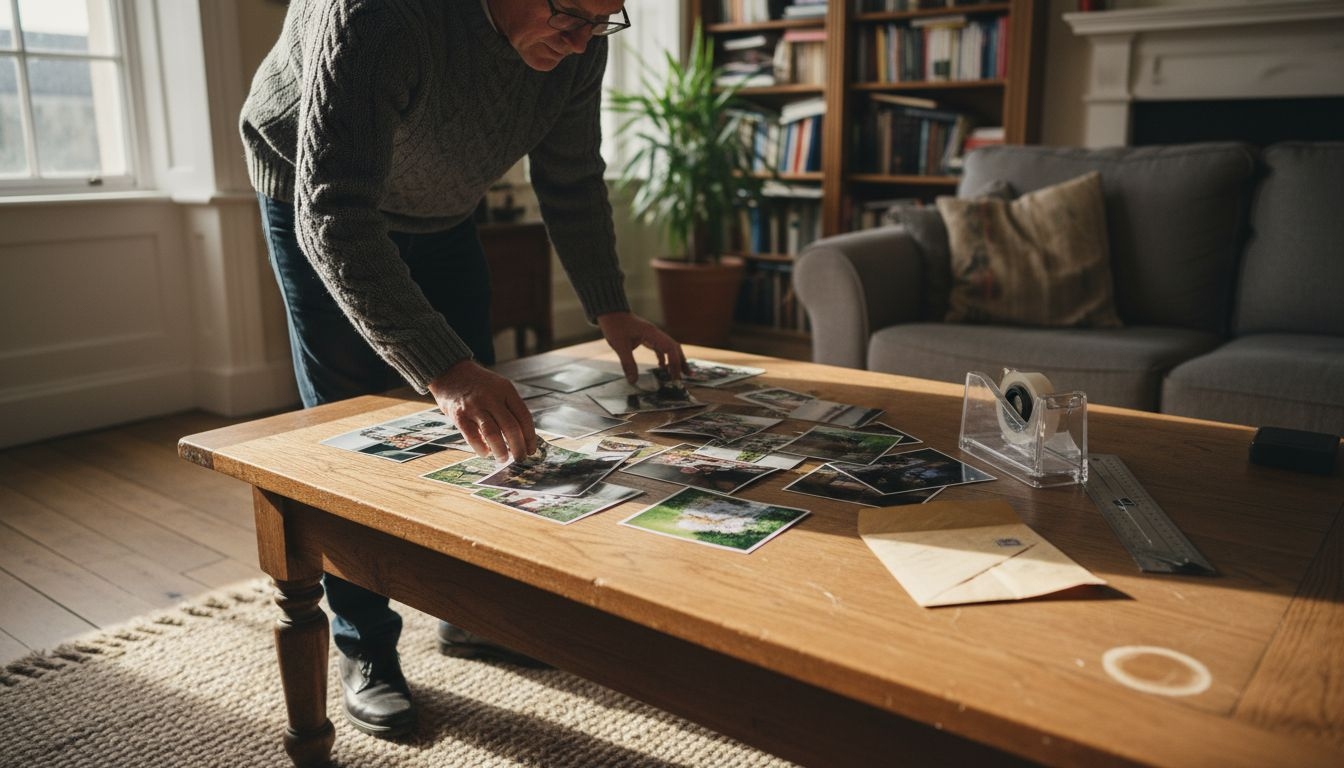 Man arranging photos for balanced collage