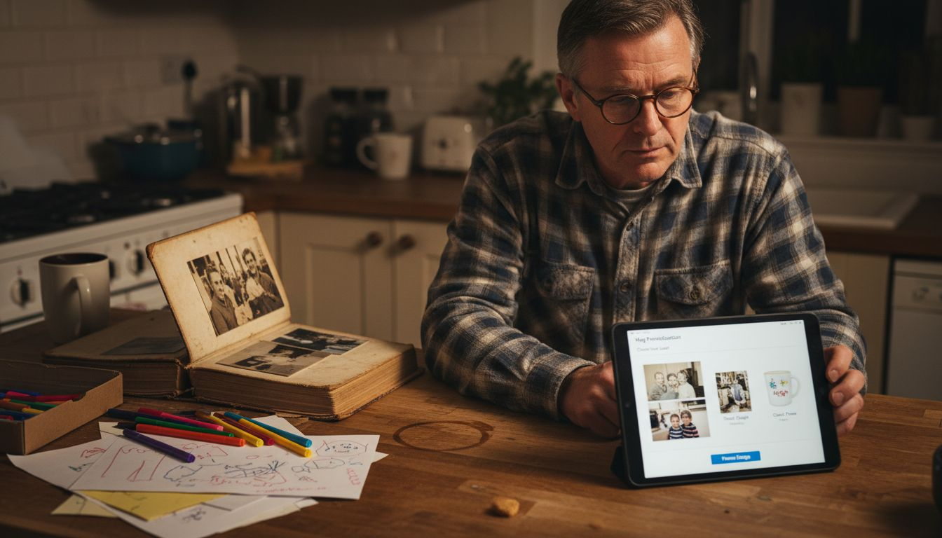 Man personalising custom gift in kitchen workspace
