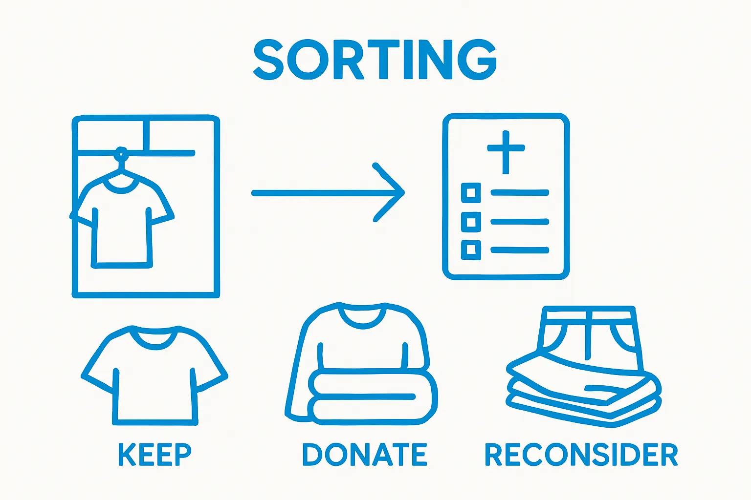 Simple infographic showing sorting clothing into Keep, Donate, and Reconsider piles for faith-based wardrobe assessment.