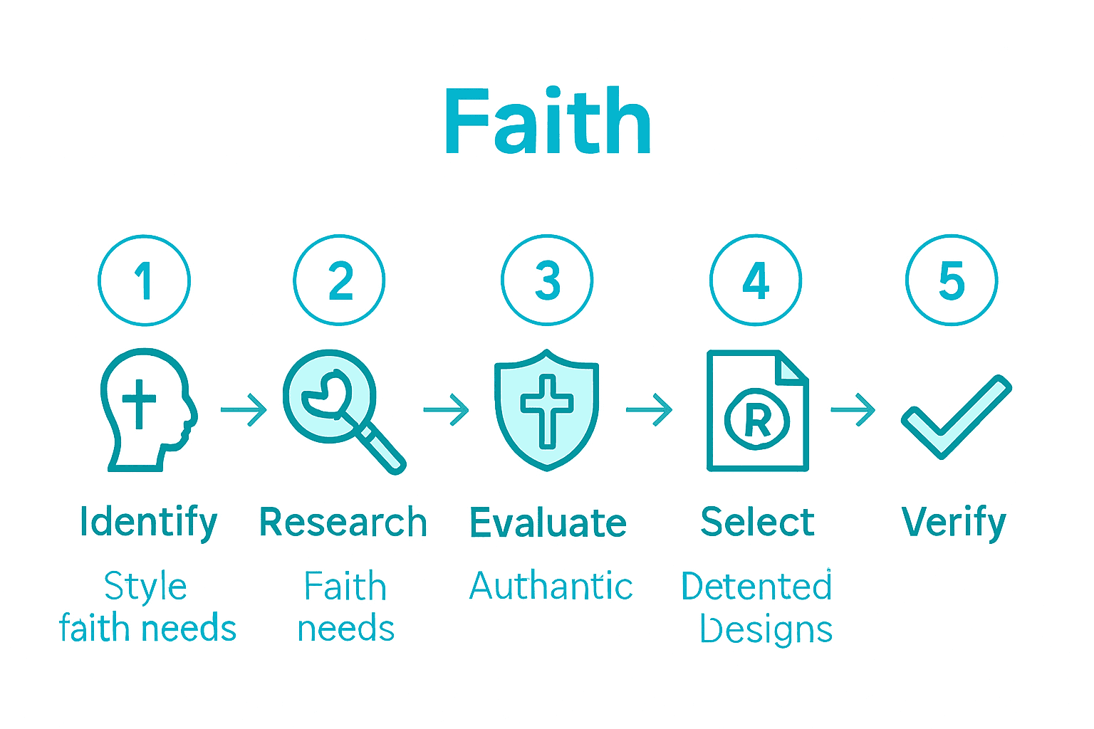Five-step infographic for shopping faith-based fashion, with icons and arrows