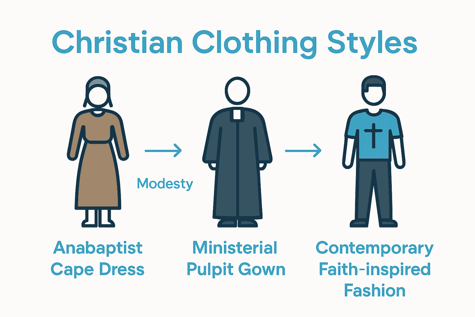 Comparison of major Christian clothing styles: cape dress, pulpit gown, and contemporary faith fashion.