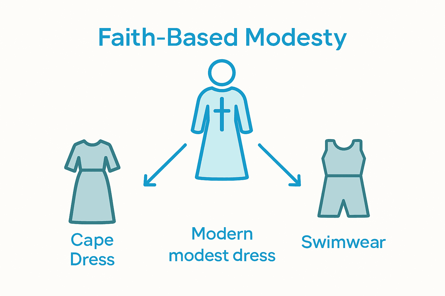 Infographic comparing cape dress, modern modest dress, and modest swimwear for Christian denominations.