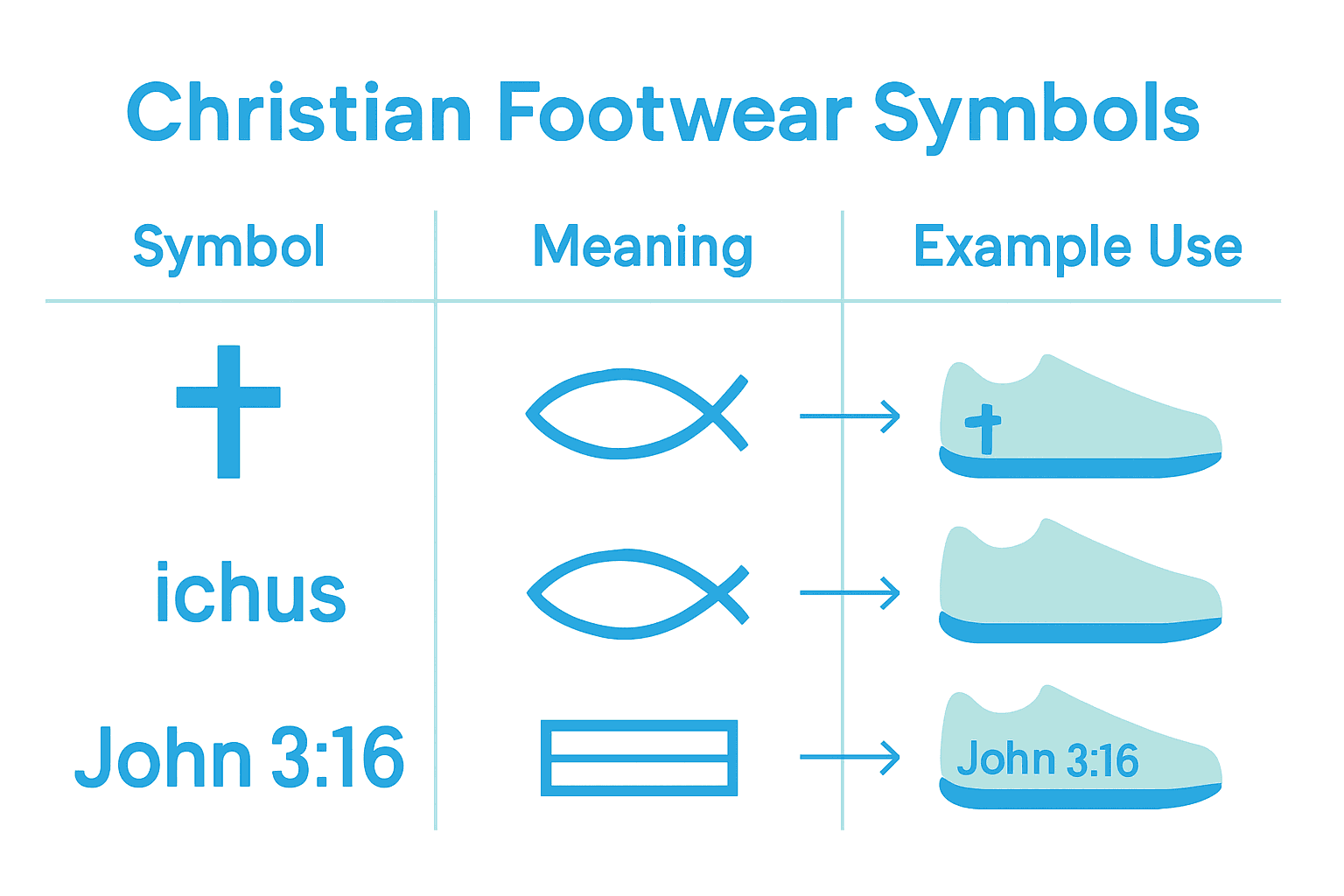 Infographic comparing cross, fish, and scripture symbols in Christian footwear