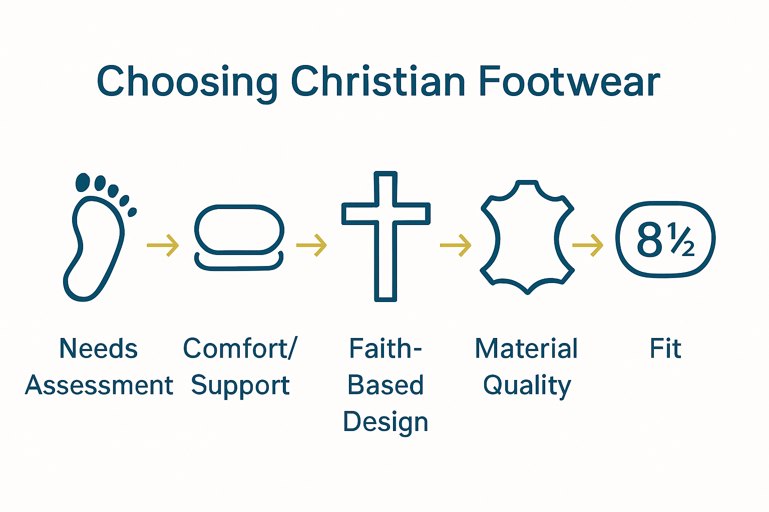 Five-step Christian footwear selection infographic with faith and comfort icons