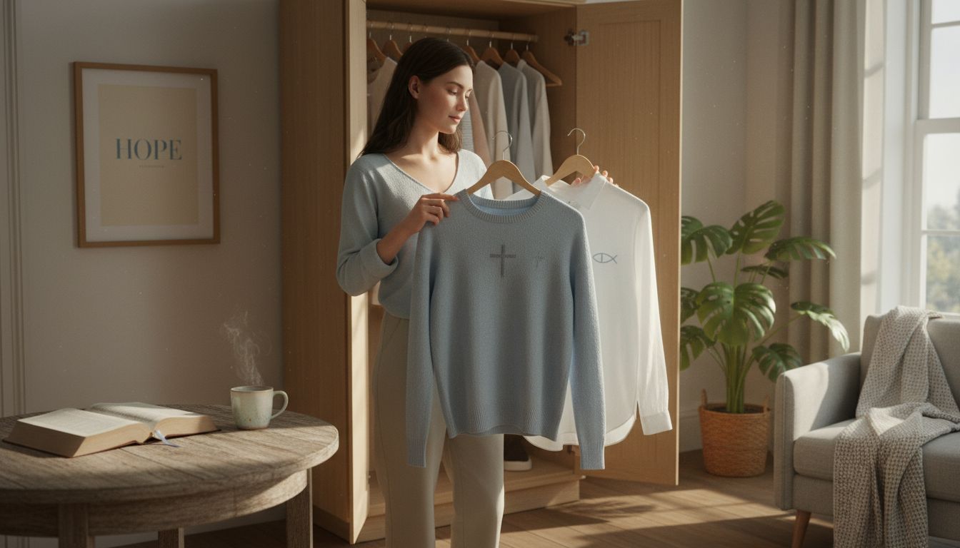 Woman choosing meaningful faith-inspired clothing
