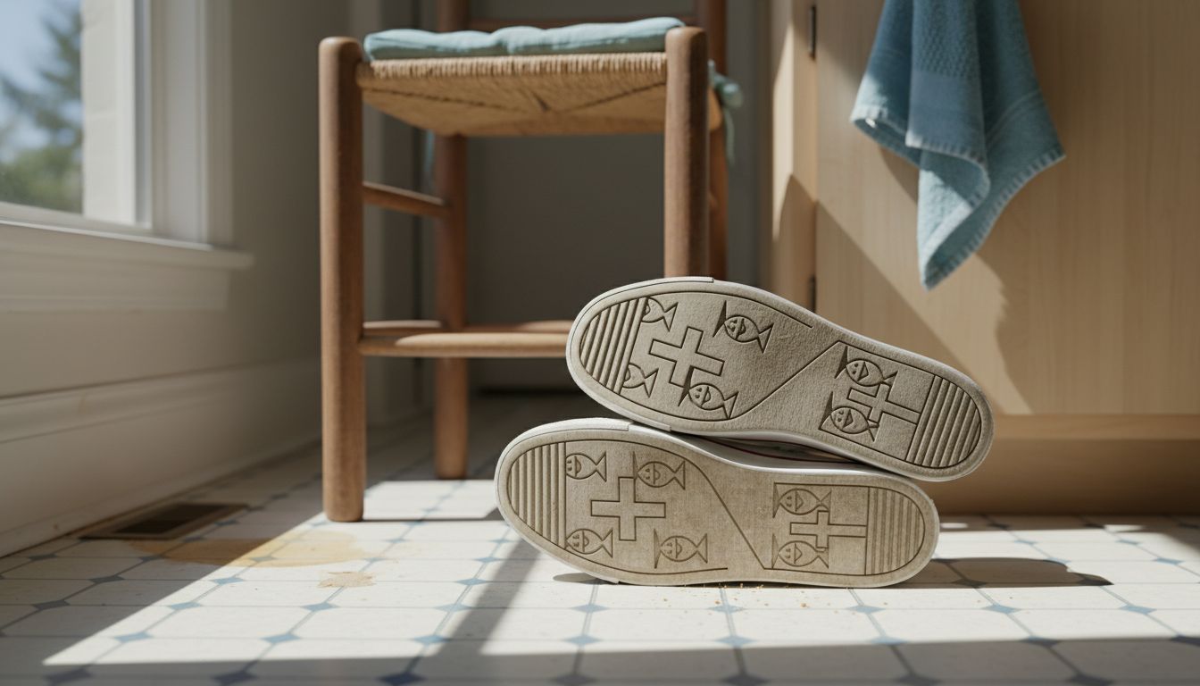 Sneaker soles show cross and fish symbols