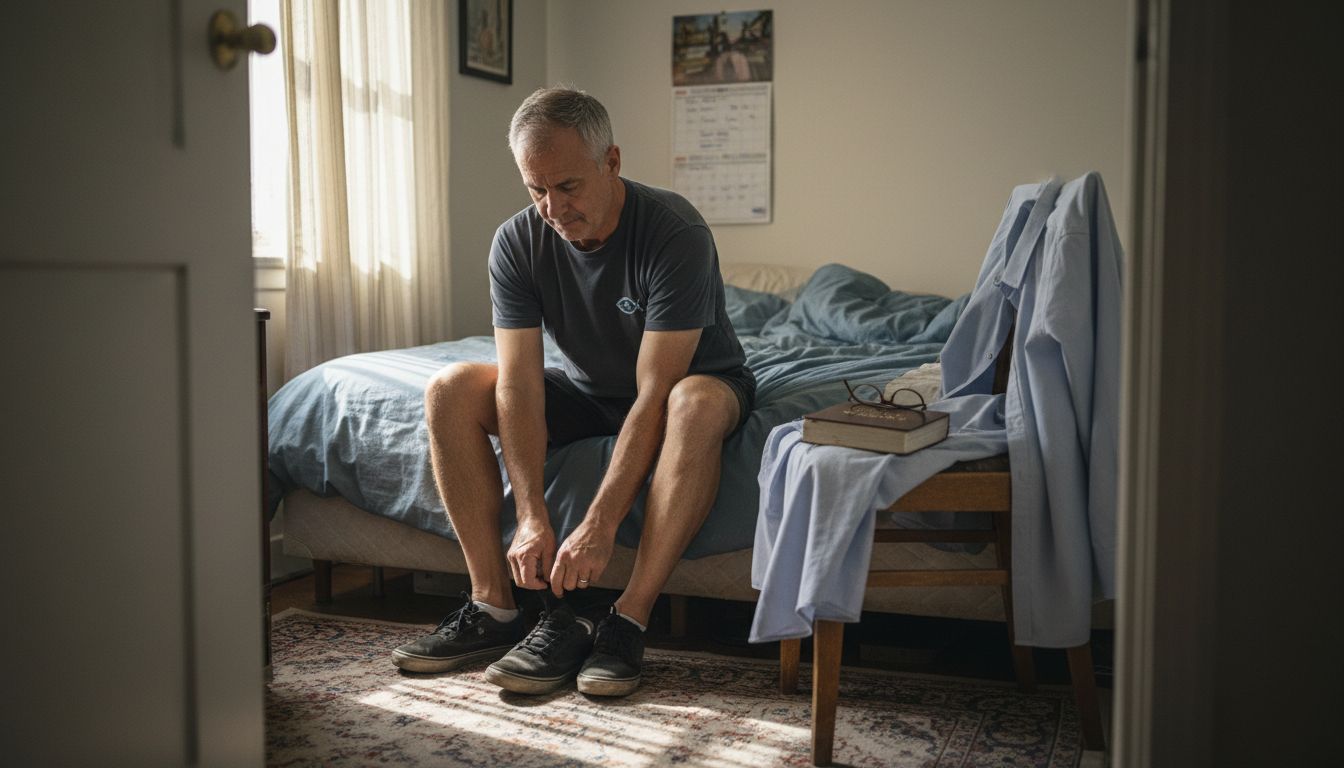 Man choosing faith-inspired clothing at home