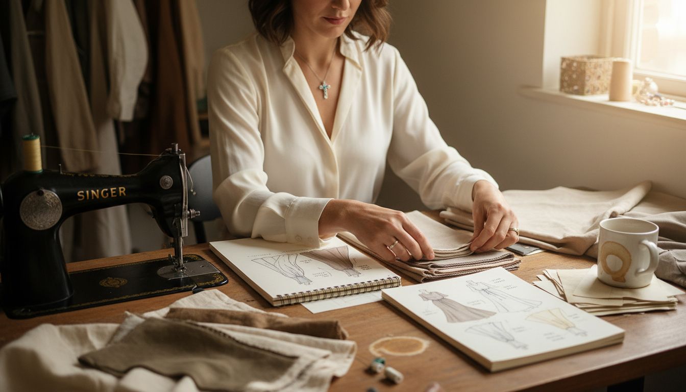 Designer reviewing fabrics for ethical Christian fashion