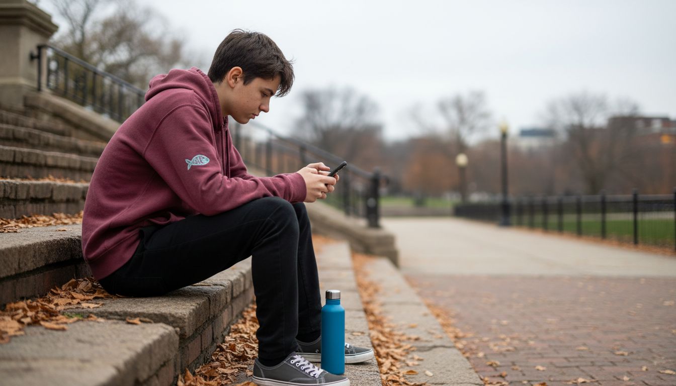 Teen wearing hoodie with faith symbol