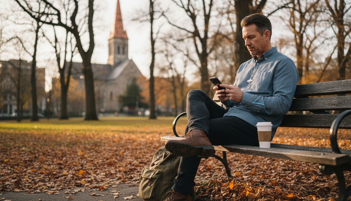 Man in Christian attire in city park