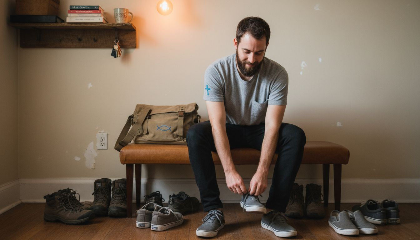 Man prepares in Christian inspired casual clothing