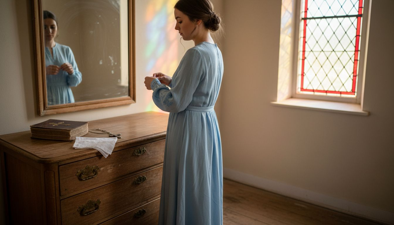 Woman adjusting modest Christian dress mirror