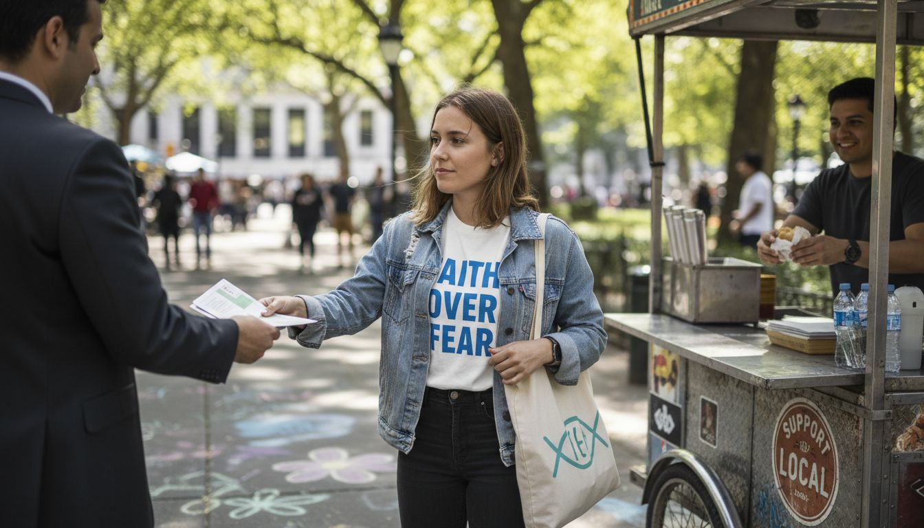 Woman sharing faith through outreach clothing