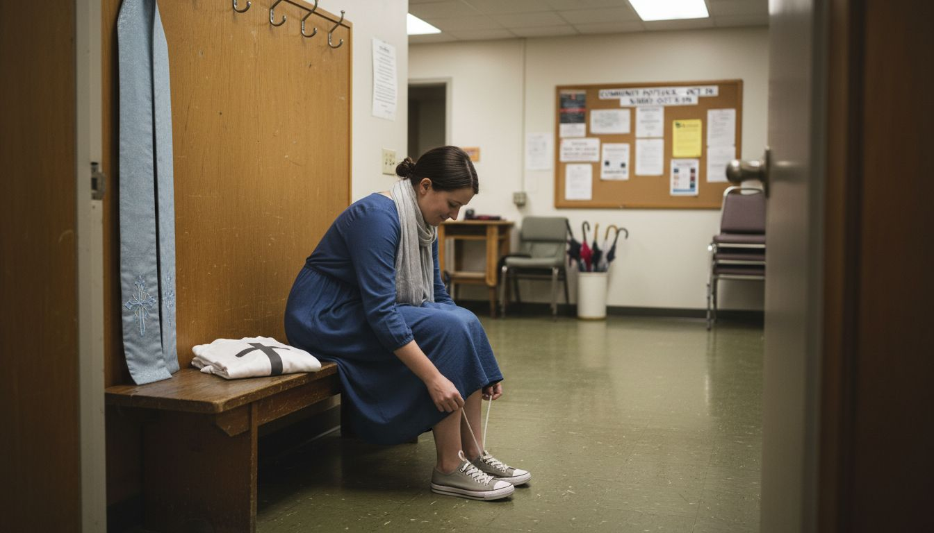Woman with plain dress, clerical stole, cross shirt